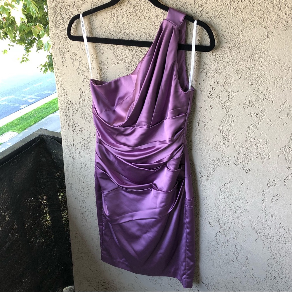 One shoulder purple dress from David’s Bridal 💜